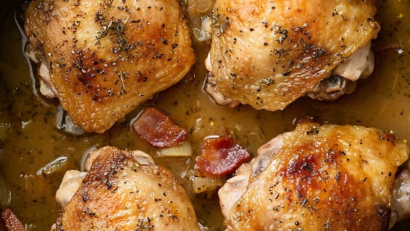 Gordon Ramsay Holiday Lemon-Herb Chicken Thighs with a Crispy Bacon Gravy