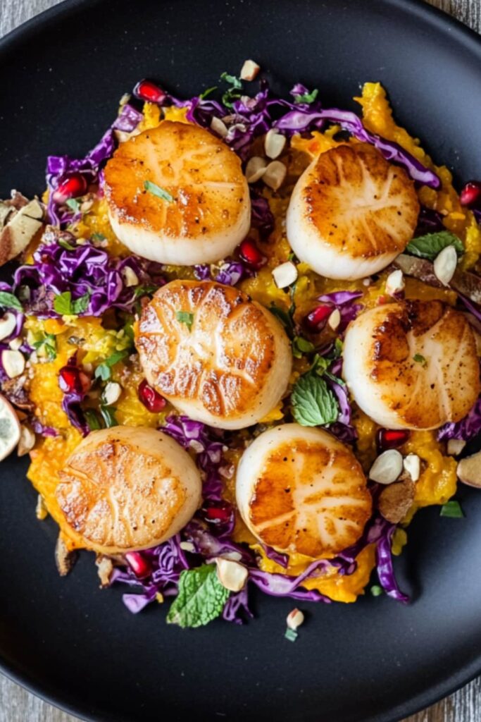 Gordon Ramsay Pan-Seared Scallops with Butternut Squash Purée & Pomegranate-Quince Slaw