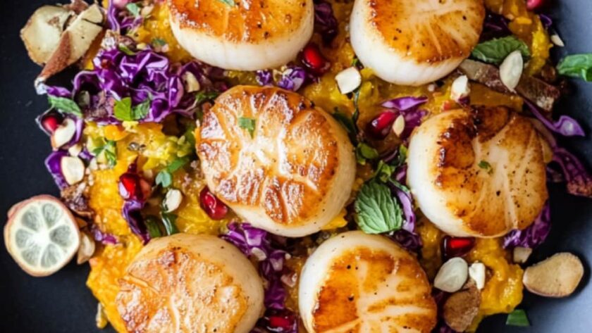 Gordon Ramsay Pan-Seared Scallops with Butternut Squash Purée & Pomegranate-Quince Slaw