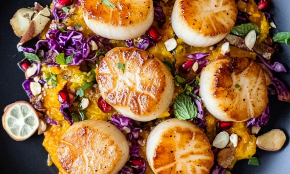 Gordon Ramsay Pan-Seared Scallops with Butternut Squash Purée & Pomegranate-Quince Slaw