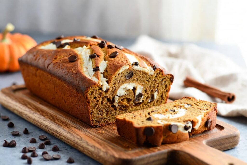 Pumpkin Chocolate Chip Bread with Cream Cheese Swirl