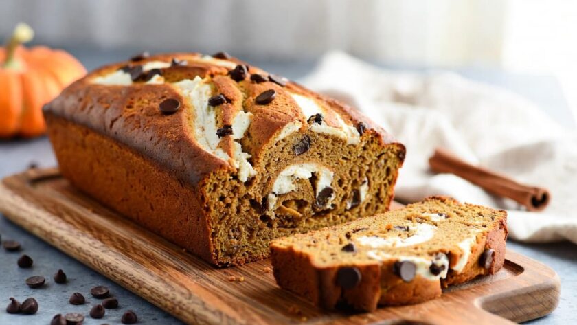 Pumpkin Chocolate Chip Bread with Cream Cheese Swirl