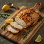 Crispy air fryer turkey breast with golden herb butter skin, sliced on a cutting board
