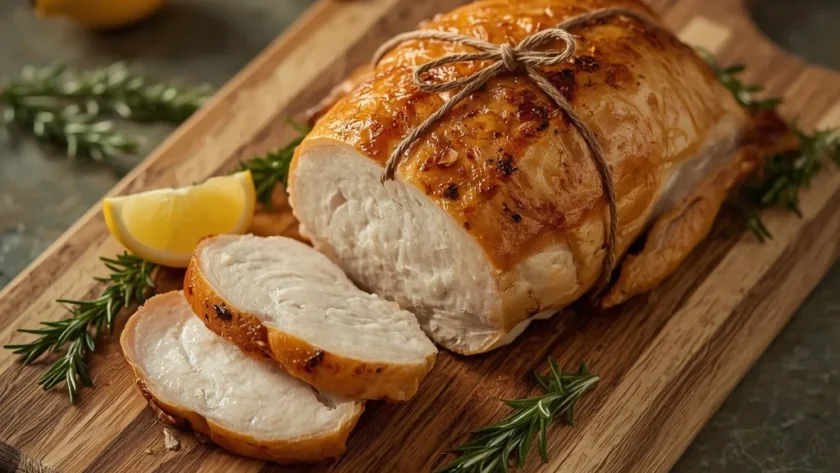 Crispy air fryer turkey breast with golden herb butter skin, sliced on a cutting board