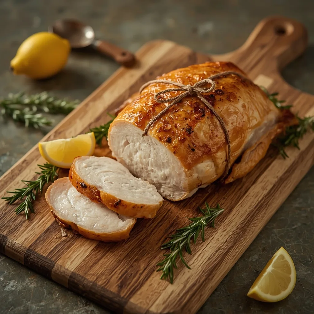 Crispy air fryer turkey breast with golden herb butter skin, sliced on a cutting board