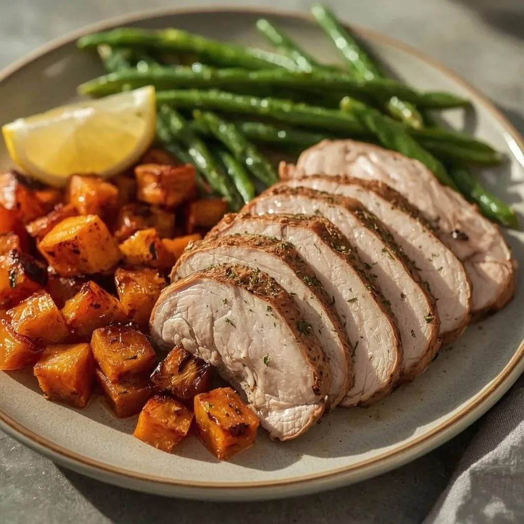 Sliced air fryer turkey breast with crisp skin, sweet potatoes and green beans