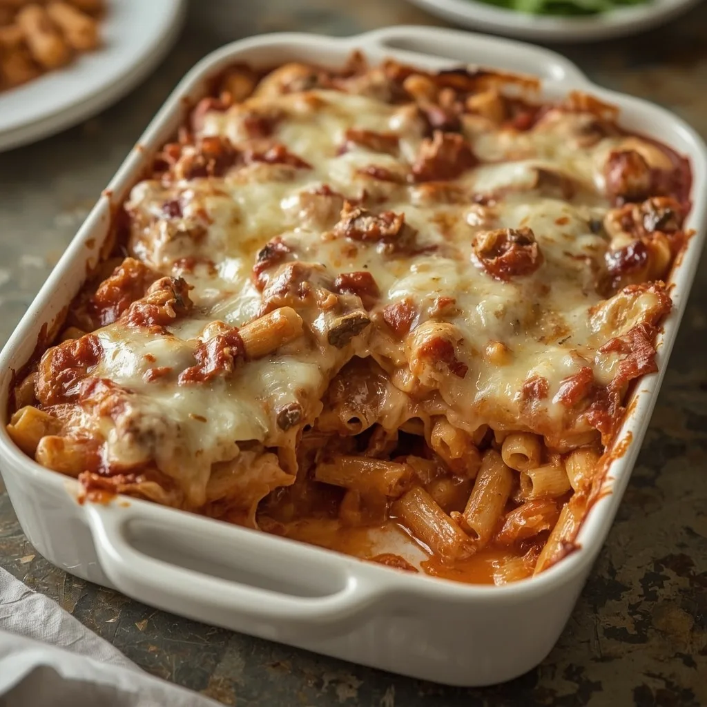 Baked turkey ziti with bubbling mozzarella and ricotta