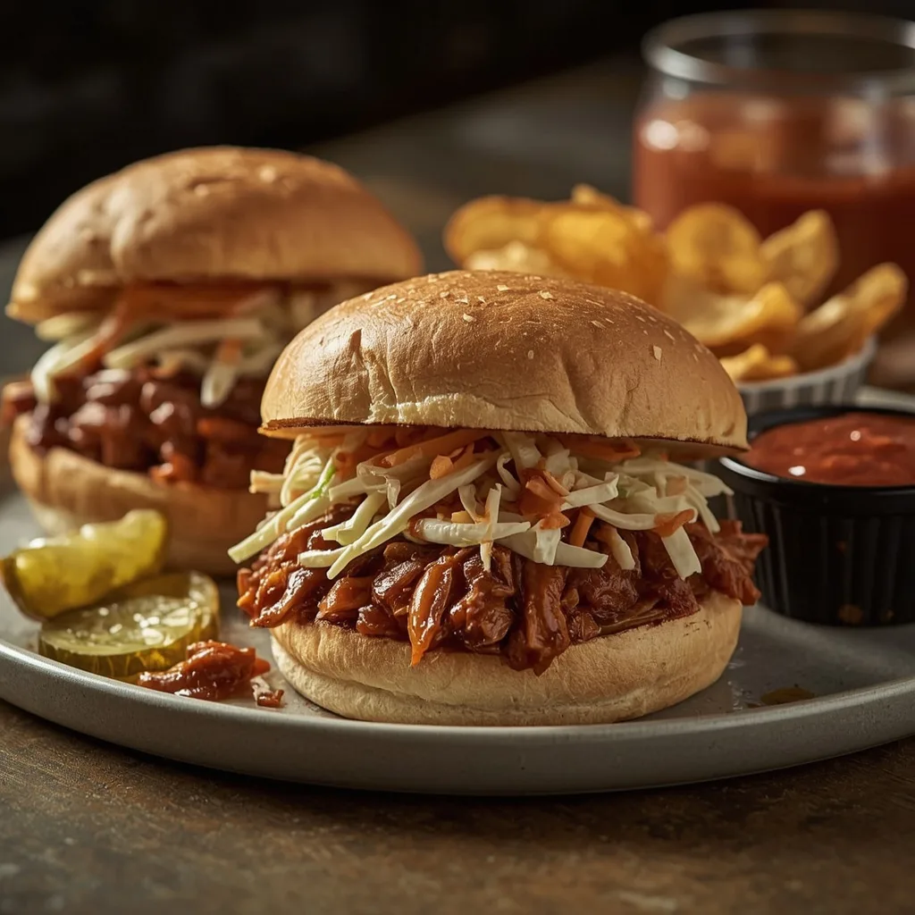 BBQ pulled turkey sandwiches with coleslaw on brioche buns
