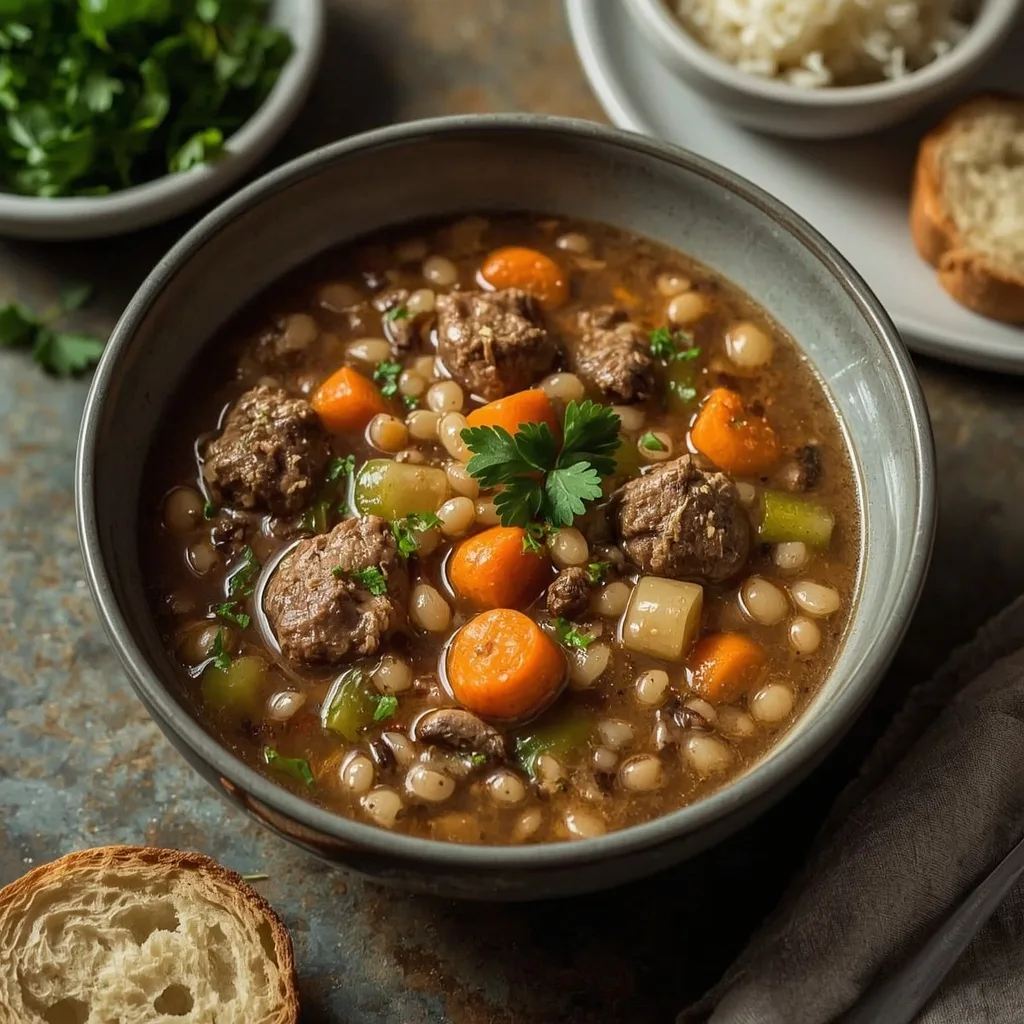 Beef and barley soup with carrots, mushrooms and parsley