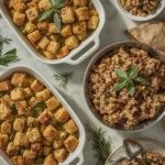 Baking dishes of Thanksgiving stuffing including herb bread, cornbread and wild rice stuffing