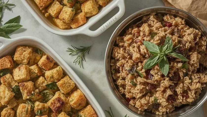 Baking dishes of Thanksgiving stuffing including herb bread, cornbread and wild rice stuffing