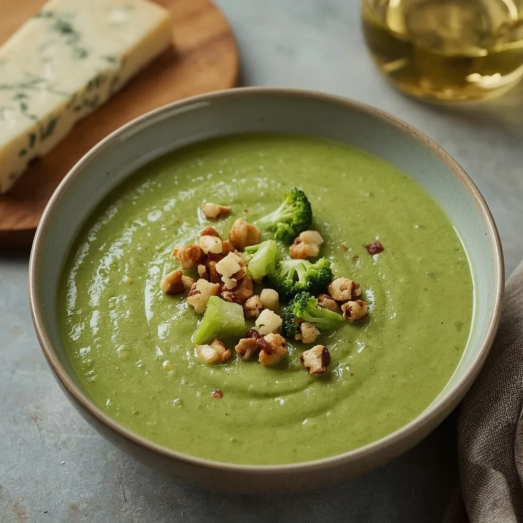 Green broccoli and Stilton soup topped with crumbled cheese and walnuts