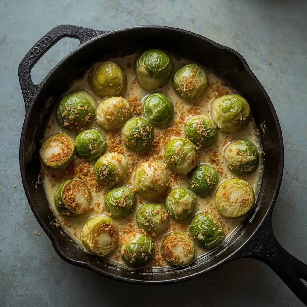 Brussels sprouts gratin with a golden Gruyère crust