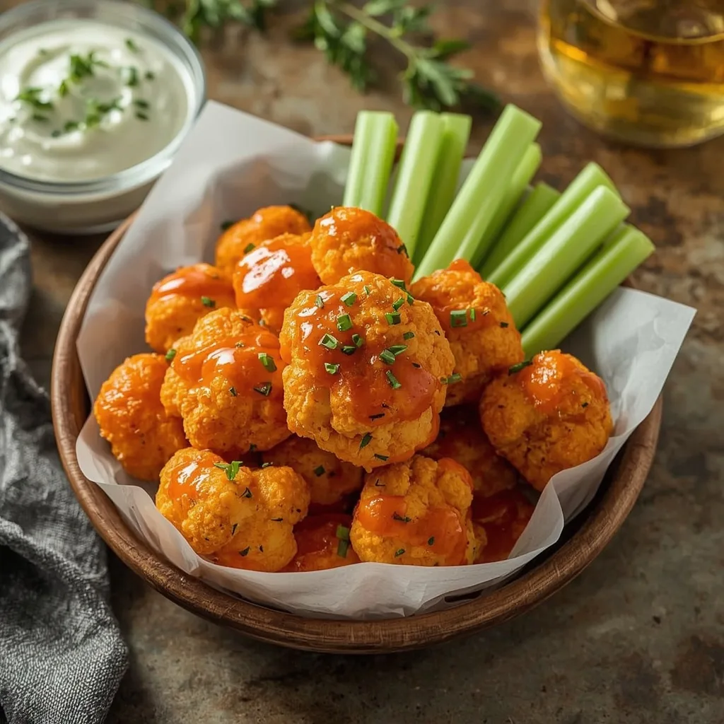 Buffalo cauliflower bites with celery and blue cheese dip