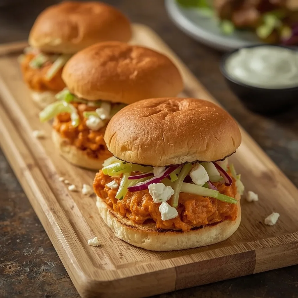 Buffalo turkey sliders with celery slaw and blue cheese