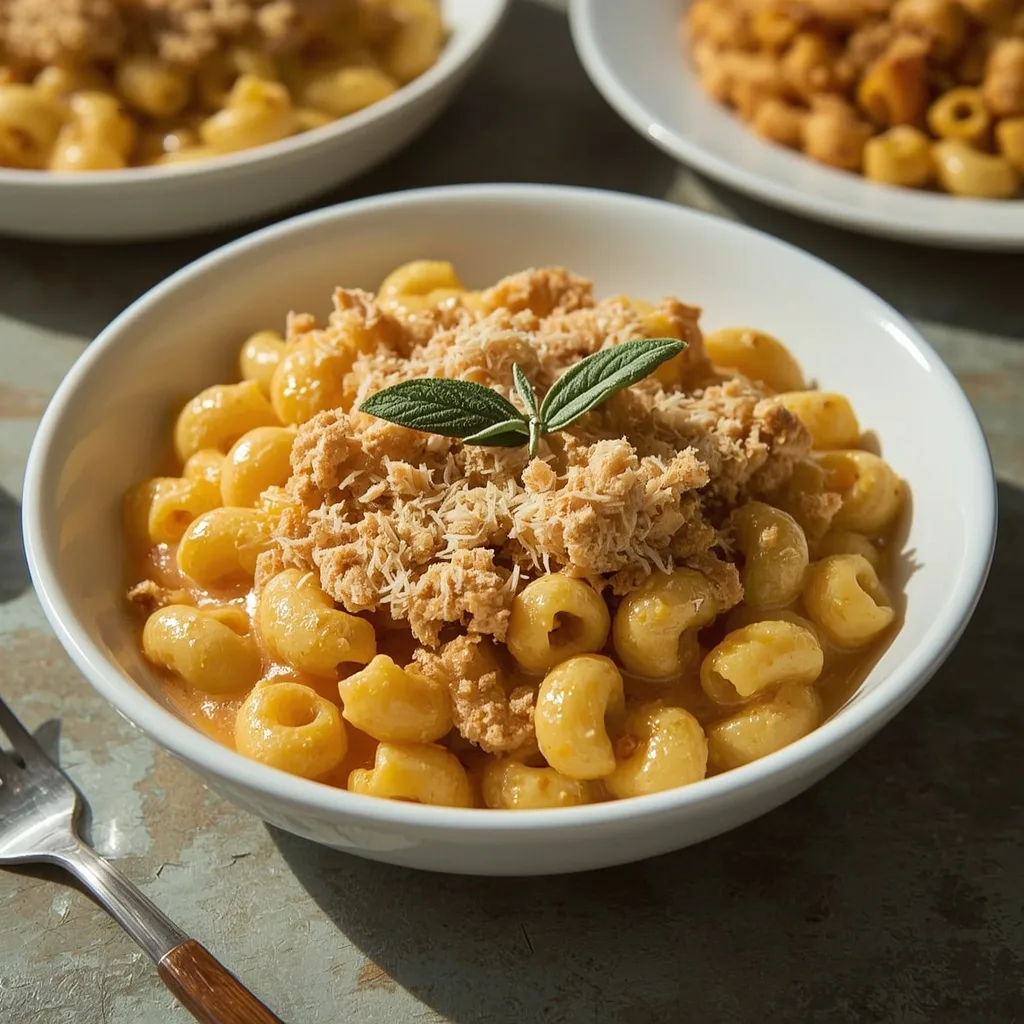 Butternut squash mac and cheese casserole with breadcrumb topping