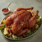 Cajun butter injected turkey with red-brown spice-crusted skin on a platter with peppers and lemon