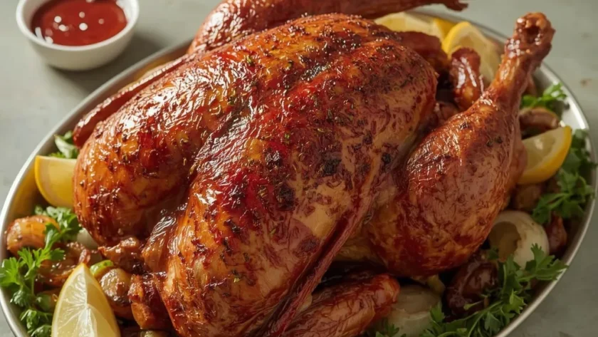 Cajun butter injected turkey with red-brown spice-crusted skin on a platter with peppers and lemon