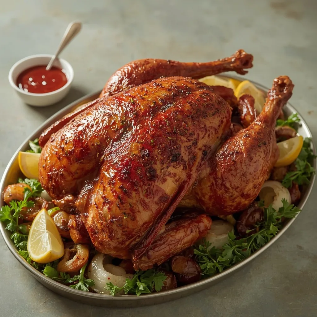 Cajun butter injected turkey with red-brown spice-crusted skin on a platter with peppers and lemon