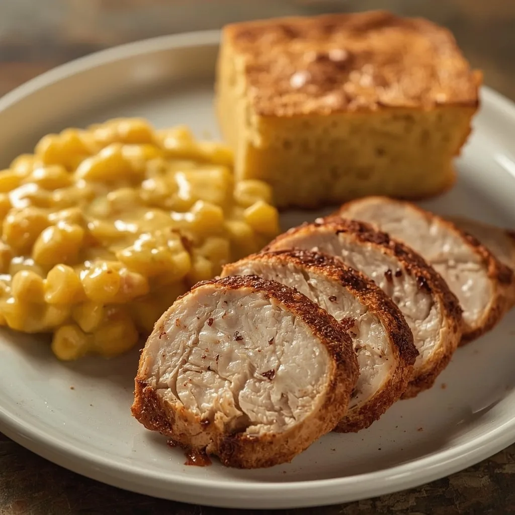 Juicy Cajun butter injected turkey slices with corn maque choux and cornbread