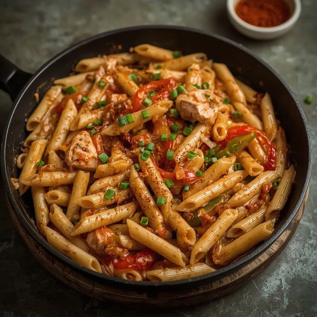 Cajun turkey pasta with peppers in a spicy cream sauce