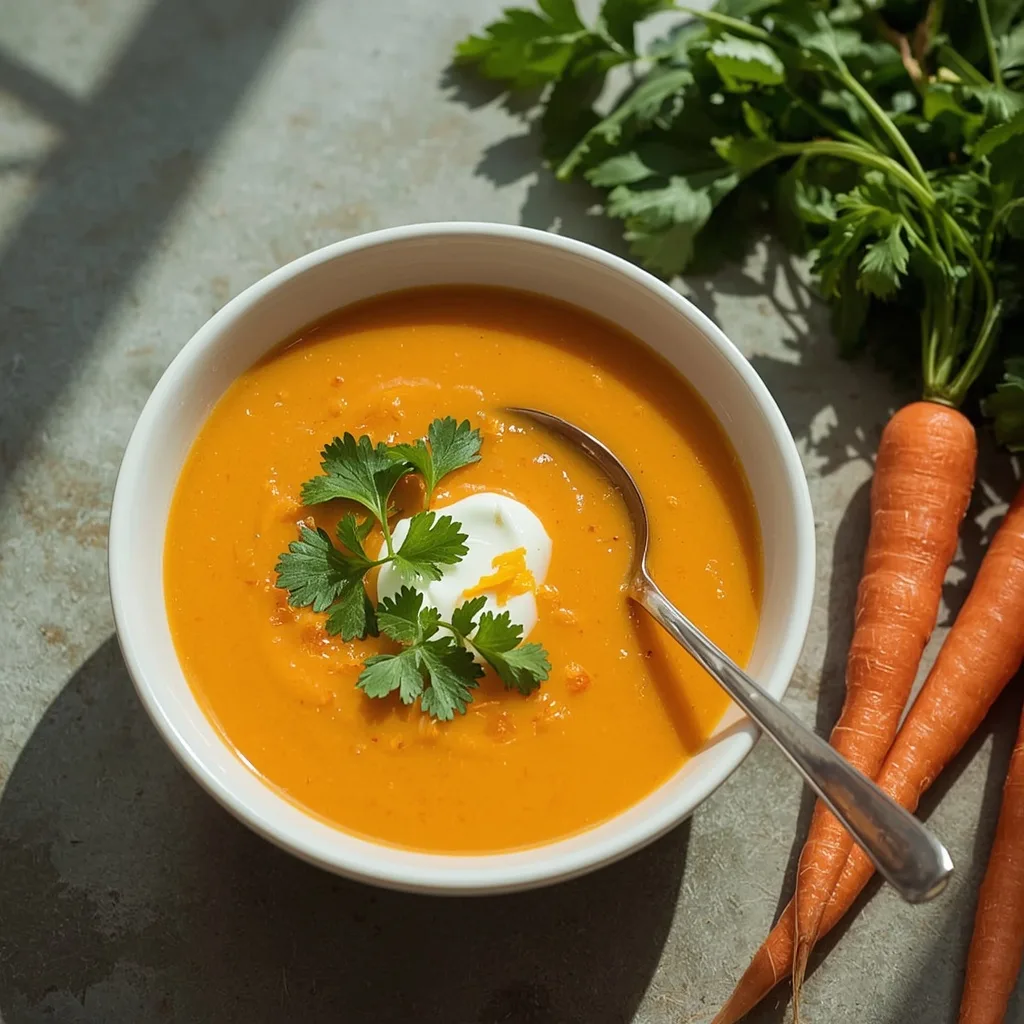 Carrot and coriander soup with crème fraîche and fresh cilantro