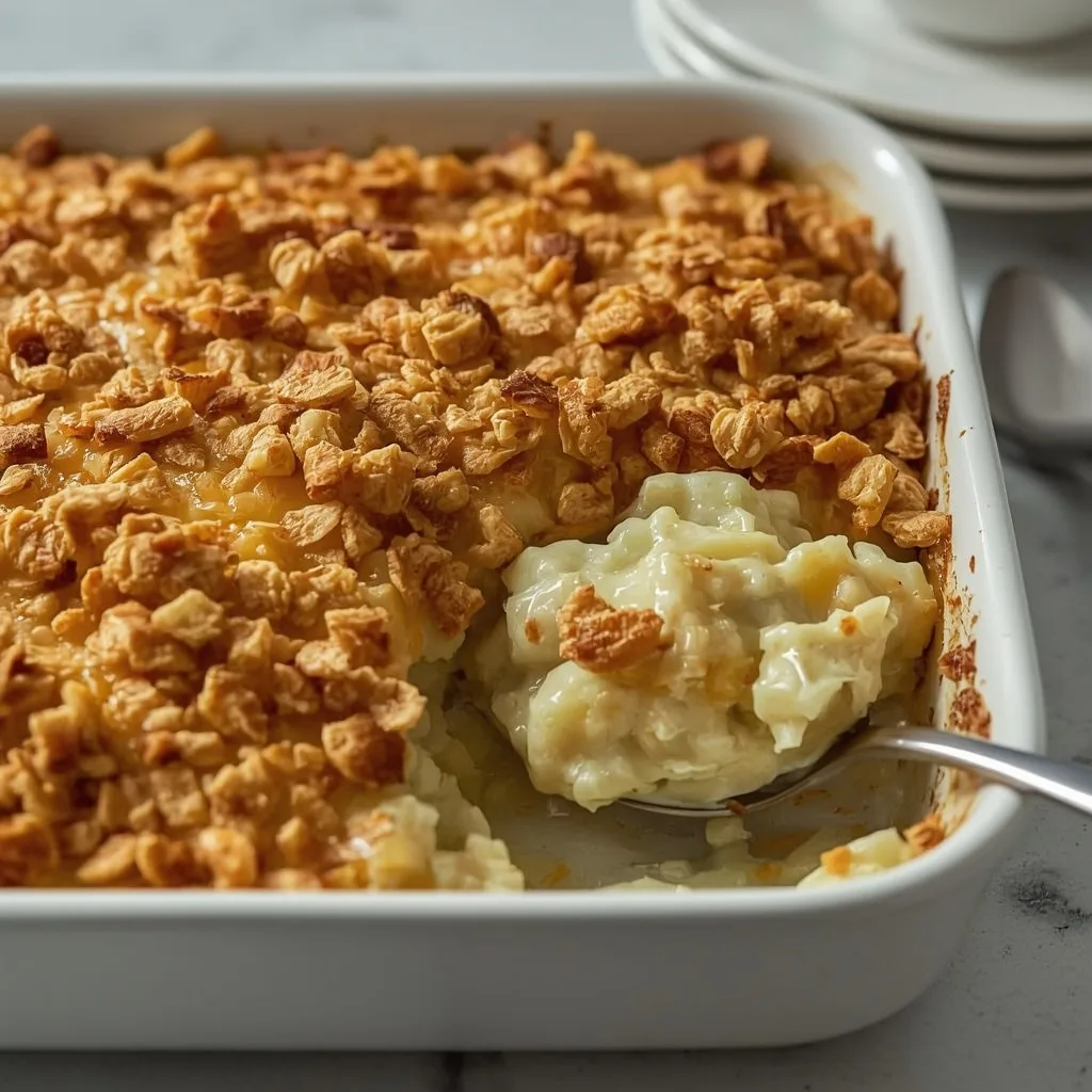Cheesy hash brown potato casserole with a crunchy topping