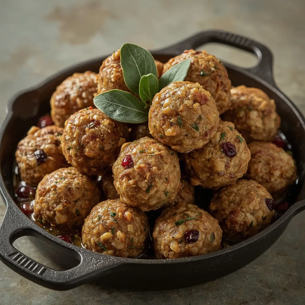 Chestnut and cranberry stuffing balls in a cast-iron dish