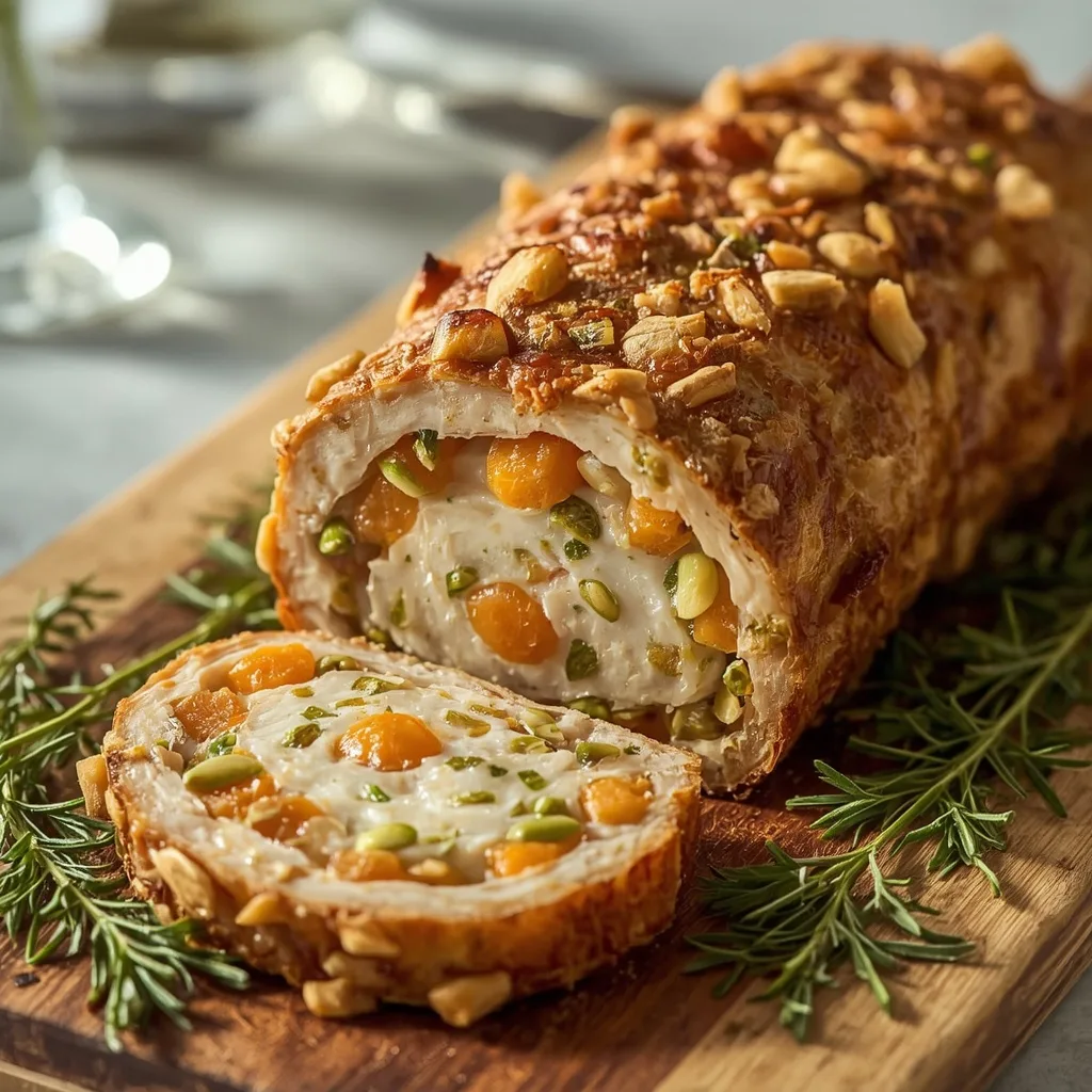 Chicken sausage, apricot and pistachio stuffing sliced on a board