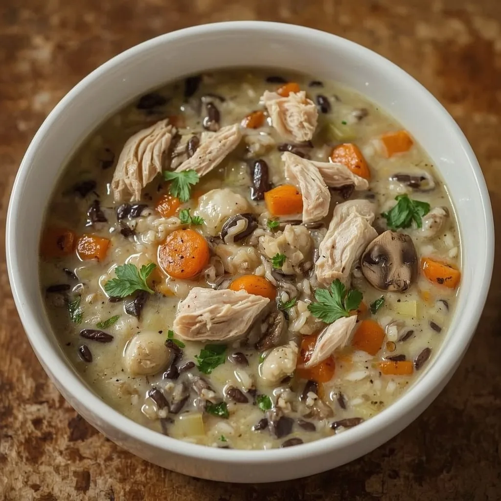 Creamy chicken and wild rice soup with carrots and mushrooms