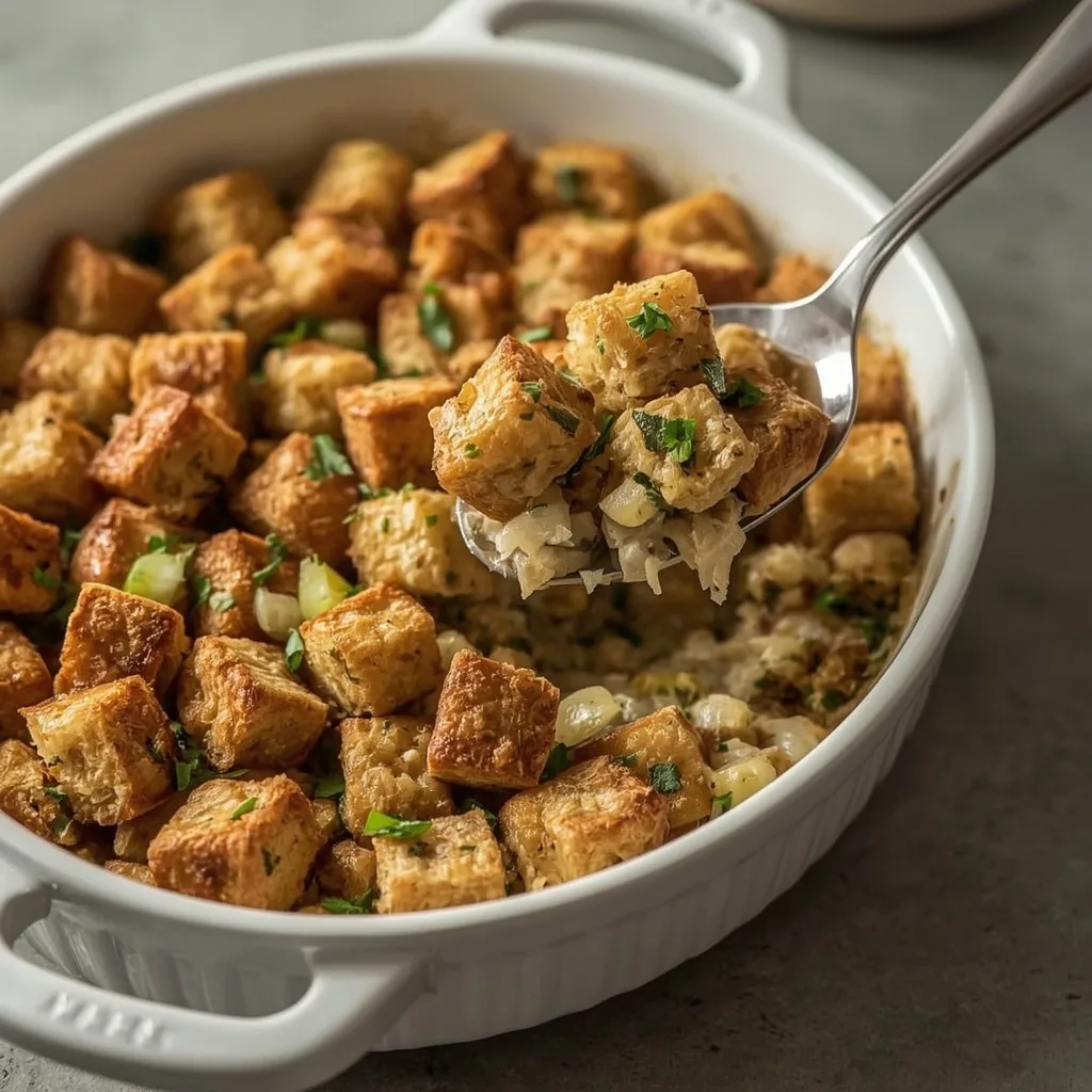 Classic herb bread stuffing with crispy golden top
