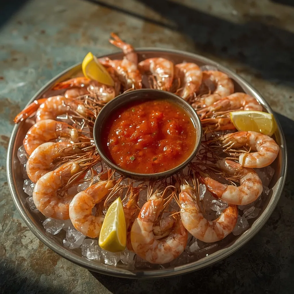 Shrimp cocktail platter with cocktail sauce and lemon