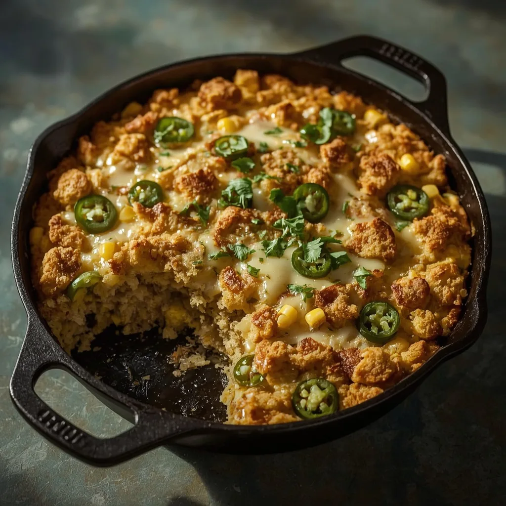 Cornbread and jalapeno stuffing with cheddar in a skillet