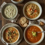 Bowls of cozy leftover turkey soups including wild rice, noodle and tortilla soup with crusty bread