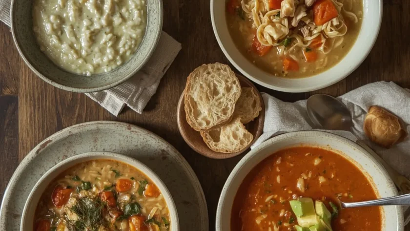 Bowls of cozy leftover turkey soups including wild rice, noodle and tortilla soup with crusty bread