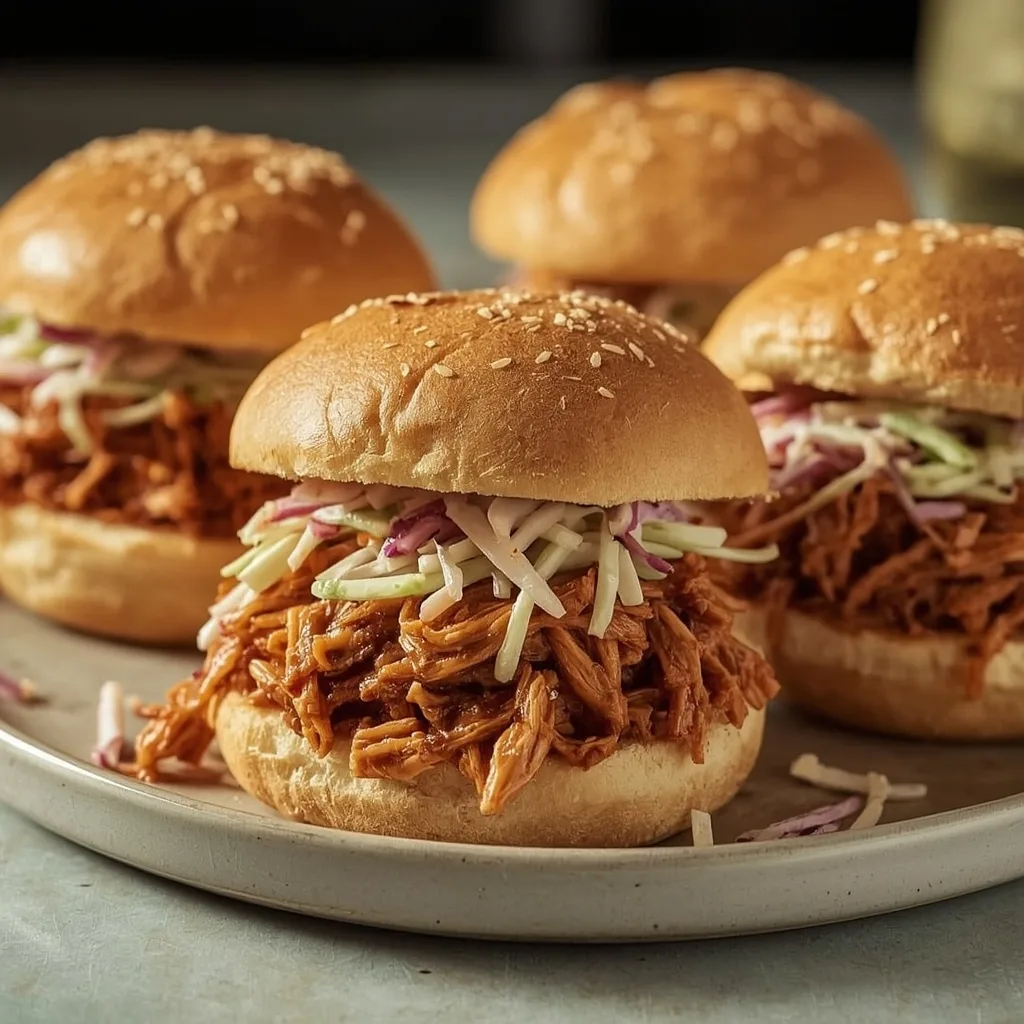 Cranberry barbecue pulled chicken sandwiches with slaw