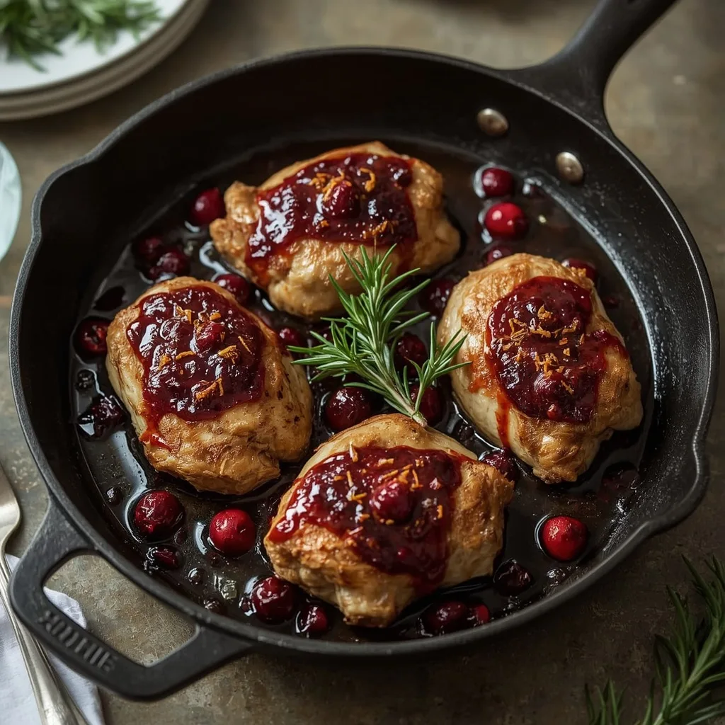 Cranberry glazed chicken thighs in a skillet