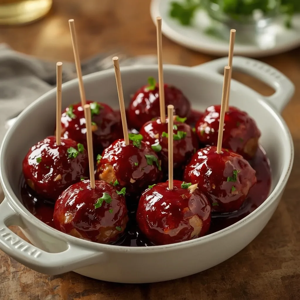 Mini turkey meatballs with cranberry glaze on toothpicks