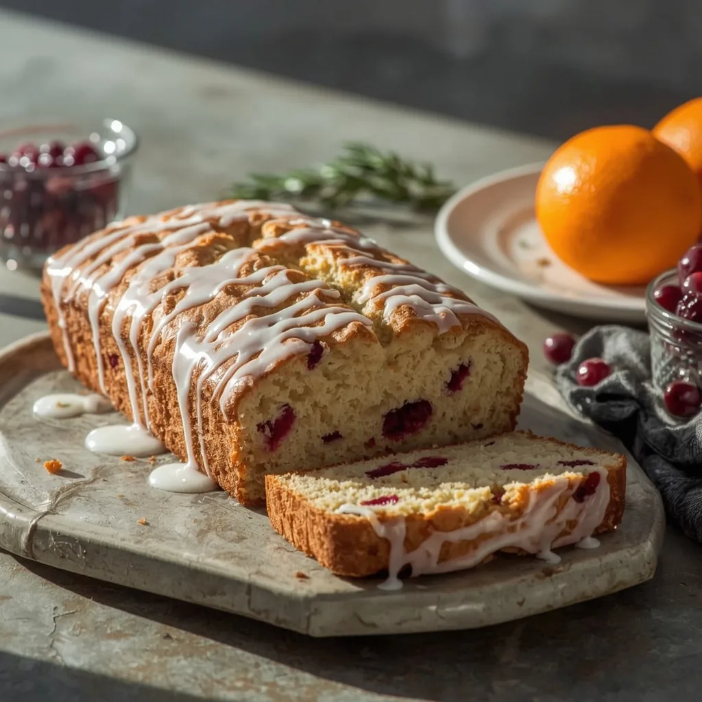 Glazed cranberry orange bread sliced on a board