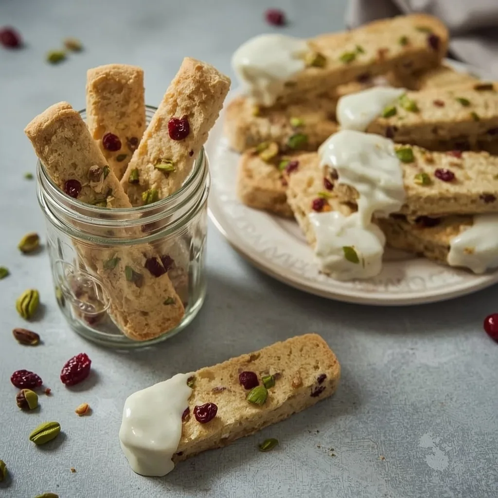 Cranberry pistachio biscotti dipped in white chocolate