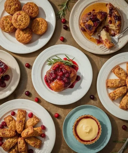 Cranberry recipes including muffins, upside-down cake, glazed chicken, biscotti and a tart