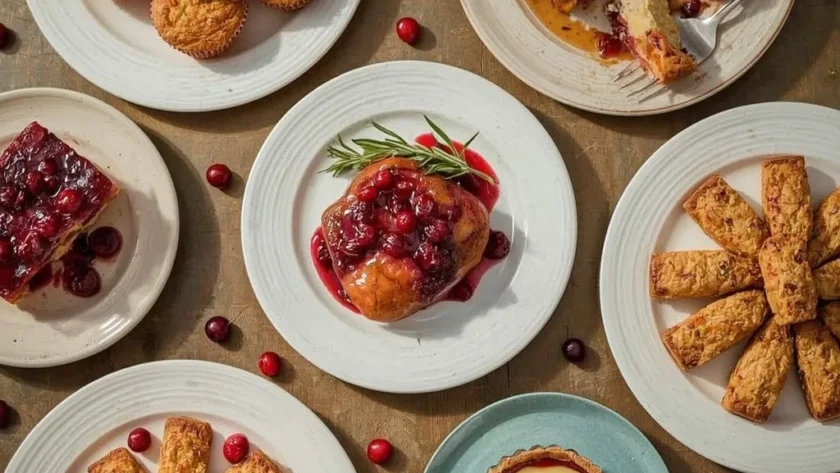 Cranberry recipes including muffins, upside-down cake, glazed chicken, biscotti and a tart