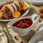 Cranberry Turkey Gravy in a gravy boat with cranberries, orange and sliced turkey