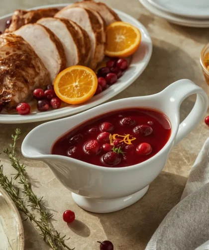Cranberry Turkey Gravy in a gravy boat with cranberries, orange and sliced turkey