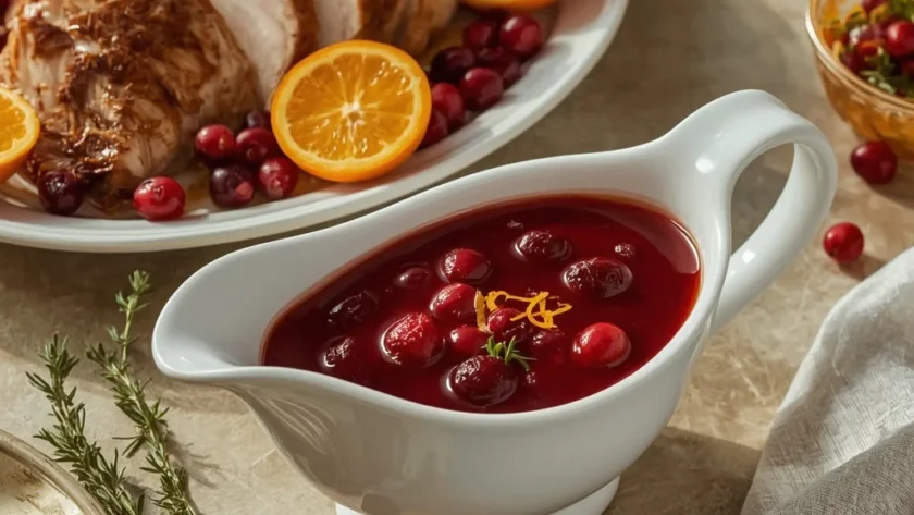 Cranberry Turkey Gravy in a gravy boat with cranberries, orange and sliced turkey