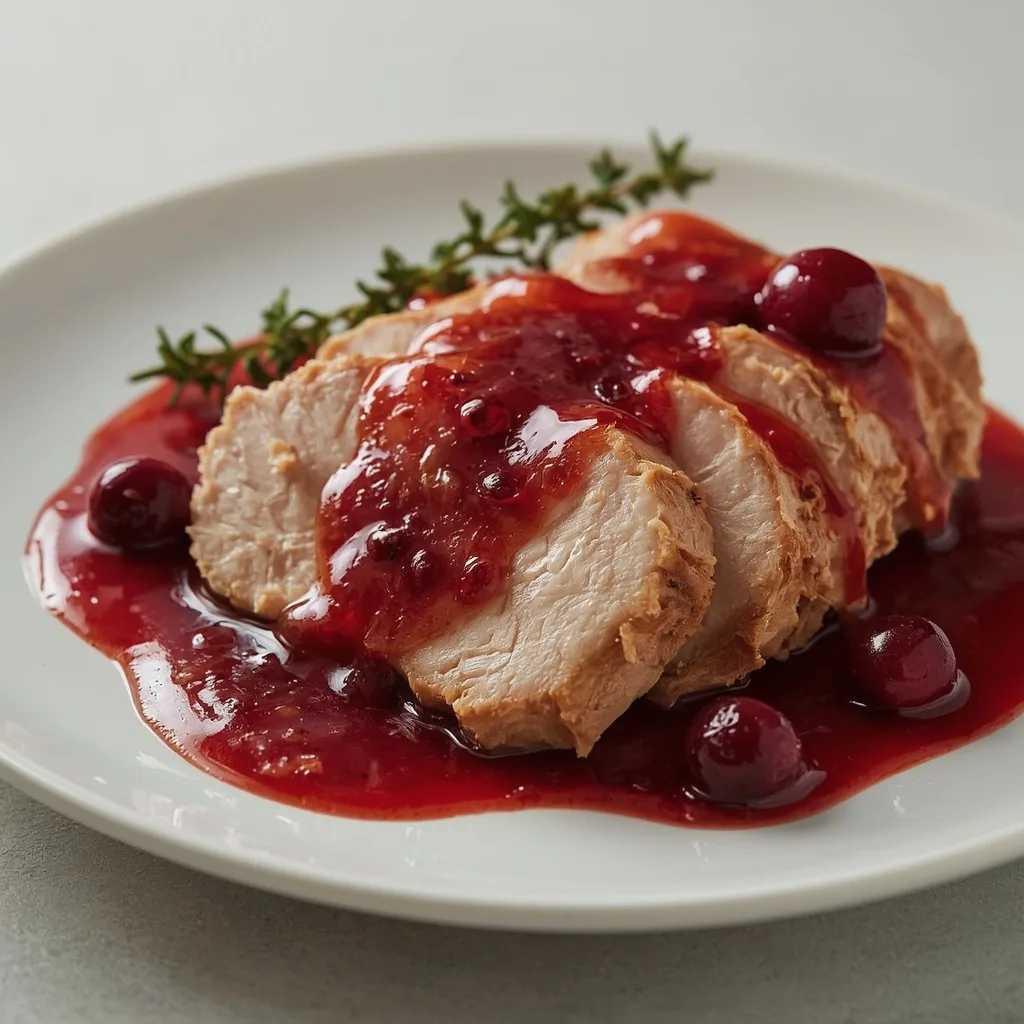 Cranberry turkey gravy drizzled over sliced roast turkey with cranberries