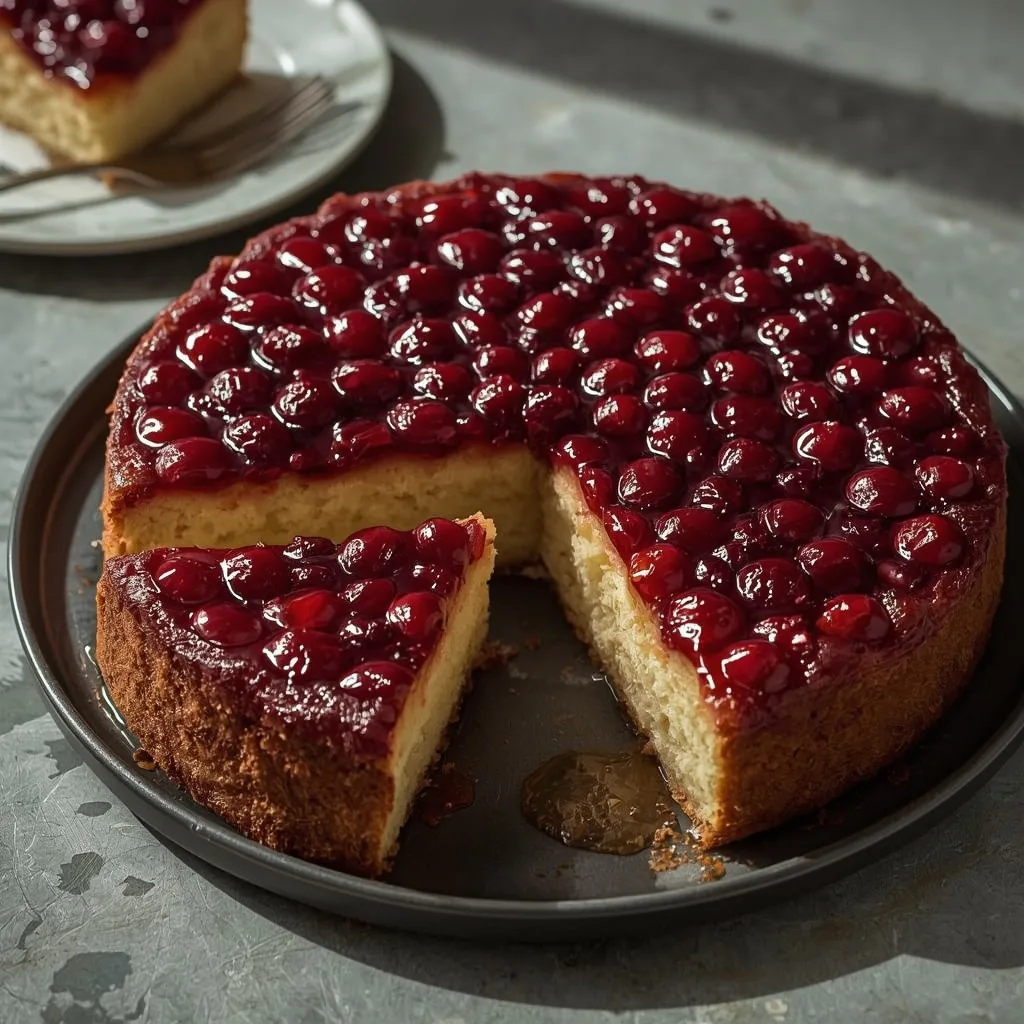Cranberry upside-down cake with caramelized cranberries