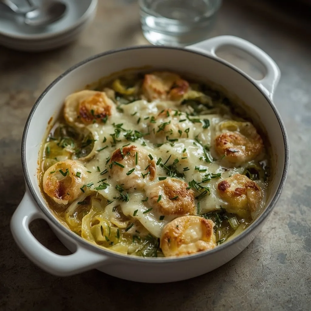 Creamed leeks with a golden Parmesan crust