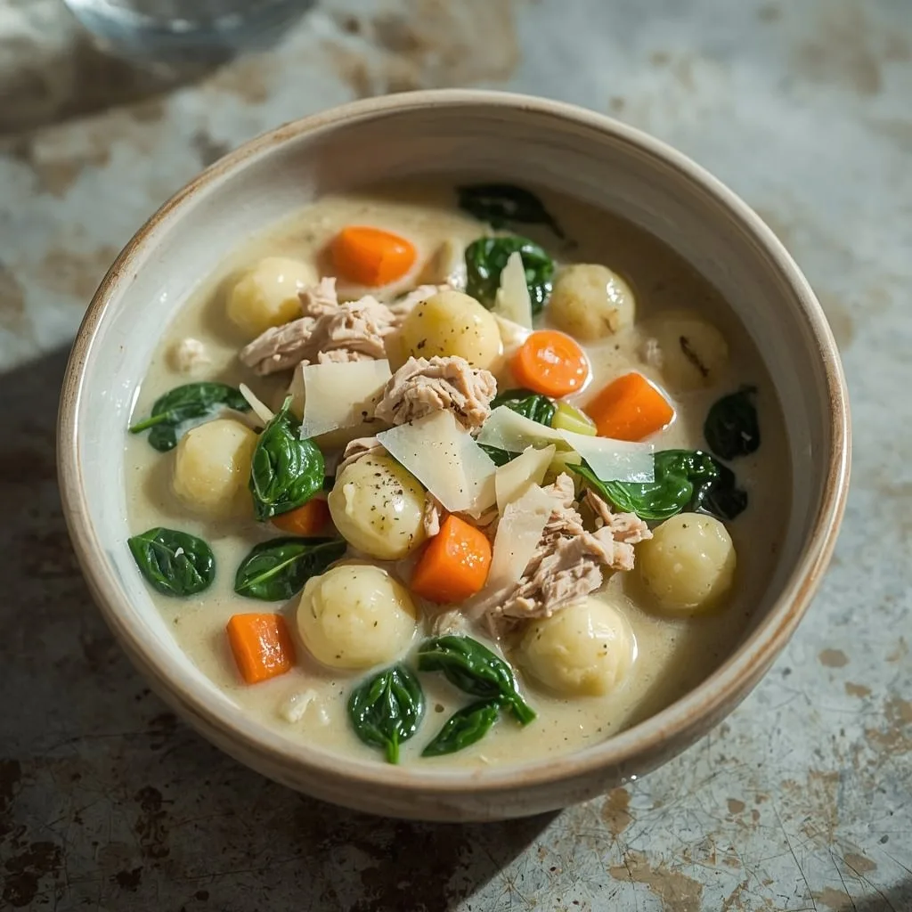 Creamy turkey gnocchi soup with spinach and Parmesan