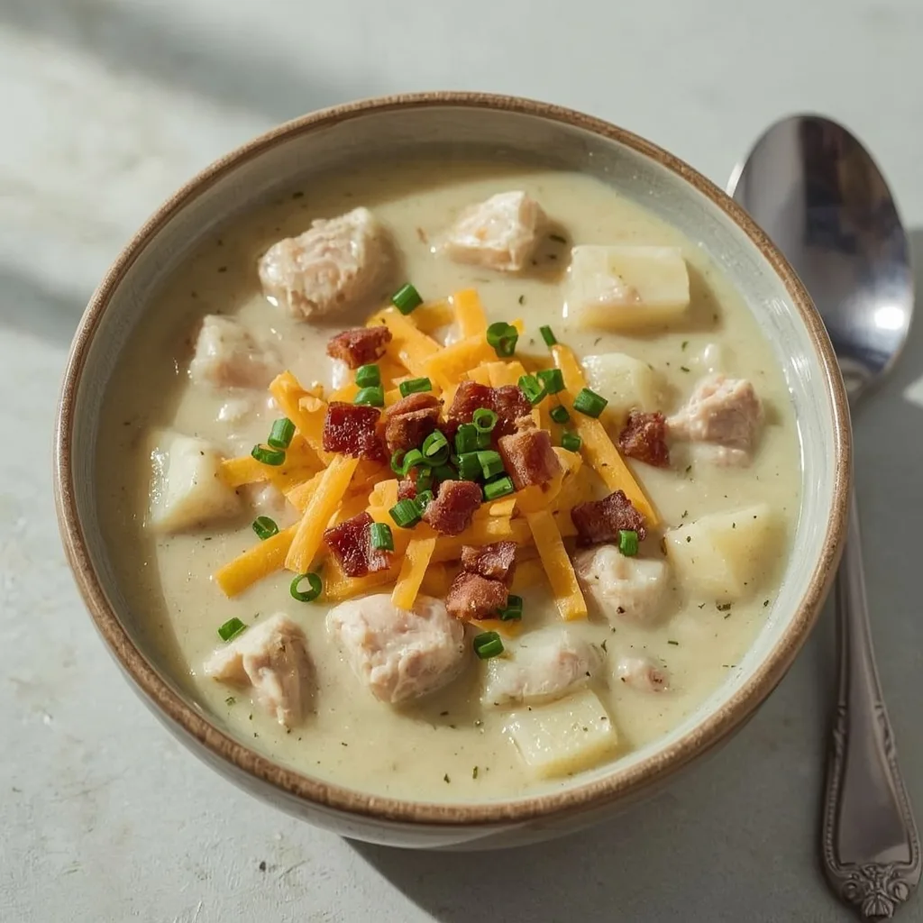 Creamy turkey potato soup topped with cheddar, chives and turkey bacon